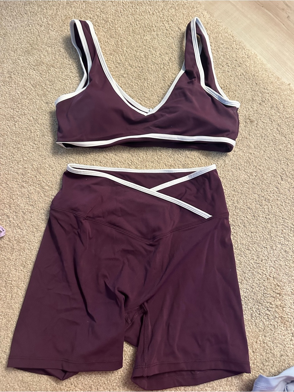 Wine Maroon Athletic Bra & High-Waist Bike Shorts Set with White Trim
